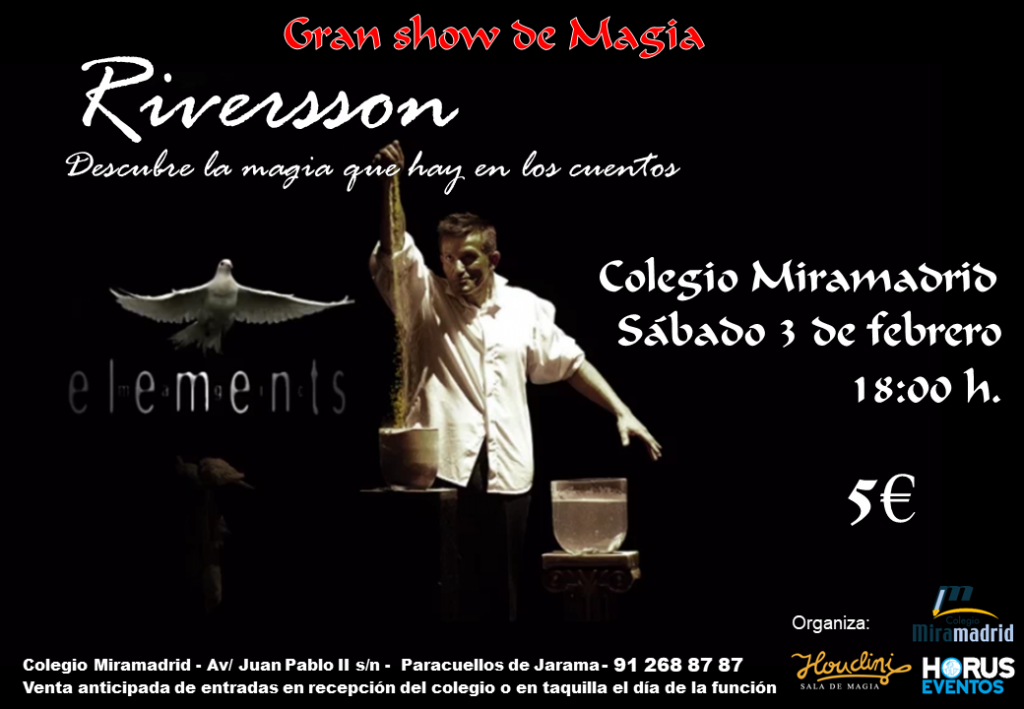 Nos complace presentaros este magnífico espectáculo de magia que tendrá lugar en nuestras instalaciones con el que podréis acudir con toda la familia. La magia alcanza su máximo esplendor y elegancia cuando pasa por las manos de Riversson. Nos os lo podéis perder.
